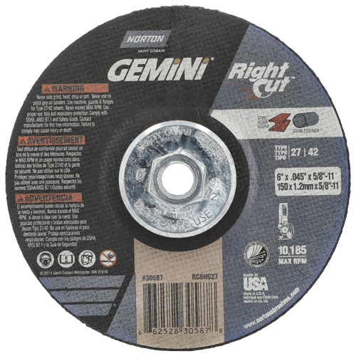 Gemini RightCut Right Angle Cut-Off Wheel, 6" x 0.045", 5/8"-11 Arbor, Type 27/42, Aluminum Oxide, 10185 RPM Distribution Élite MP