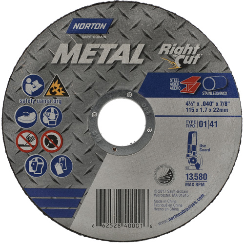 Metal RightCut Right Angle Cut-Off Wheel, 4-1/2" x 0.045", 7/8" Arbor, Type 01/41, Aluminum Oxide, 13580 RPM Distribution Élite MP