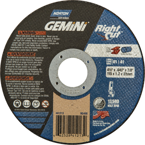 Gemini RightCut Right Angle Cut-Off Wheel, 4-1/2" x 0.045", 7/8" Arbor, Type 01/41, Aluminum Oxide, 13580 RPM Distribution Élite MP