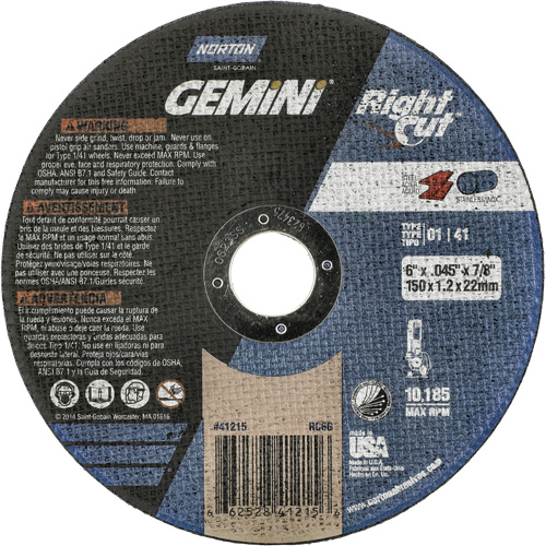 Meule &agrave; tronçonner pour coupe &agrave; angle droit RightCut Gemini, 6" x 0,045", Arbre de 7/8", Type 01/41, Oxyde d'aluminium, 10185 Tr/min Distribution Élite MP