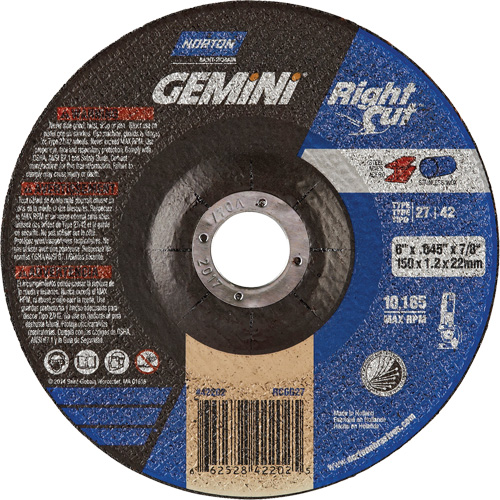 Meule &agrave; tronçonner pour coupe &agrave; angle droit RightCut Gemini, 6" x 0,045", Arbre de 7/8", Type 27/42, Oxyde d'aluminium, 10185 Tr/min Distribution Élite MP