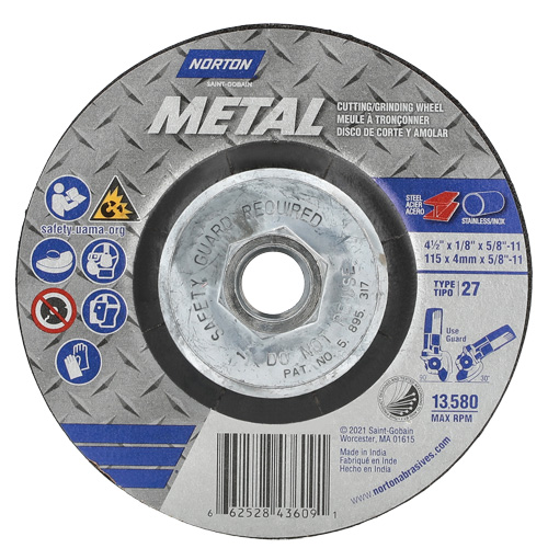 Disque de meulage et tronçonnage m&eacute;tallique, 4-1/2" x 1/8", Arbre de 5/8"-11, Type 27, Oxyde d'aluminium Distribution Élite MP