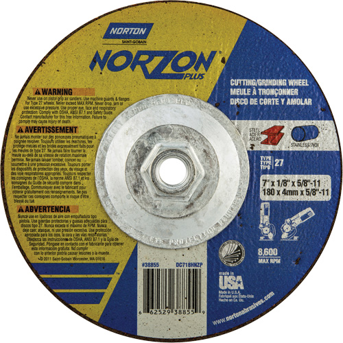 Disque de meulage et tronçonnage NorZon Plus SGZ, 7" x 1/8", Arbre de 5/8"-11, Type 27, C&eacute;ramique d'alumine Distribution Élite MP