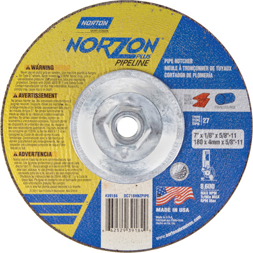 NorZon Plus SGZ Right Angle Cut-Off Wheel, 7" x 1/8", 5/8"-11 Arbor, Type 27/42, Ceramic Alumina, 8600 RPM Distribution Élite MP