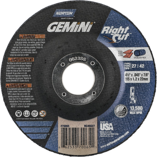 Meule &agrave; tronçonner pour coupe &agrave; angle droit RightCut Gemini, 4-1/2" x 0,045", Arbre de 7/8", Type 27/42, Oxyde d'aluminium, 13580 Tr/min Distribution Élite MP