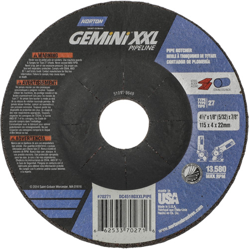 Gemini XXL Grinding & Cutting Wheel, 4-1/2" x 1/8", 7/8" Arbor, Type 27, Aluminum Oxide Distribution Élite MP