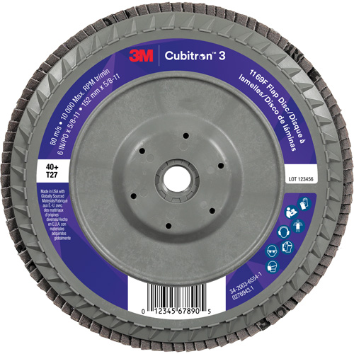 Disque &agrave; lamelles plate 1169F Cubitron 3 &agrave; changement rapide, 6" x 5/8"-11, Type T27, Grain 40+, C&eacute;ramique Distribution Élite MP