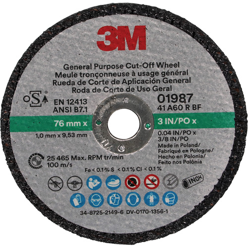 Disque &agrave; tronçonner &agrave; usage g&eacute;n&eacute;ral, 01987, 3" x 0,04"/1/32", Arbre de 3/8", Oxyde d'aluminium Distribution Élite MP