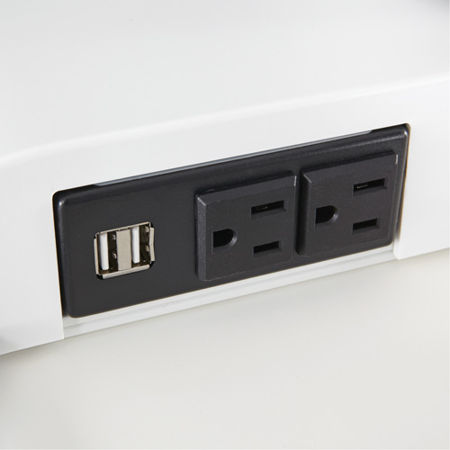 Bureau &eacute;lectrique assis/debout Soar avec bras d&eacute;cran double, Mod&egrave;le de bureau, 37-1/4" h x 27-3/4" la x 22" p, Blanc Distribution Élite MP