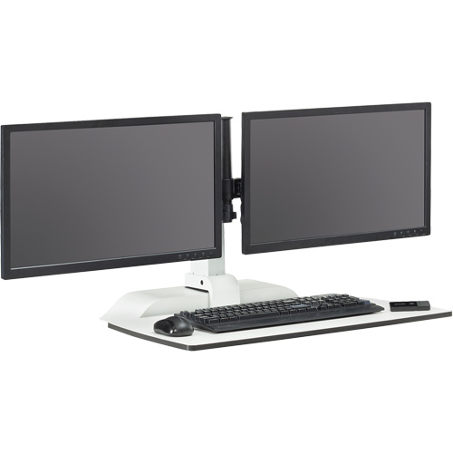 Bureau &eacute;lectrique assis/debout Soar avec bras d&eacute;cran double, Mod&egrave;le de bureau, 37-1/4" h x 27-3/4" la x 22" p, Blanc Distribution Élite MP