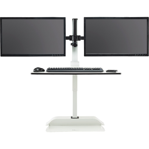 Bureau &eacute;lectrique assis/debout Soar avec bras d&eacute;cran double, Mod&egrave;le de bureau, 37-1/4" h x 27-3/4" la x 22" p, Blanc Distribution Élite MP