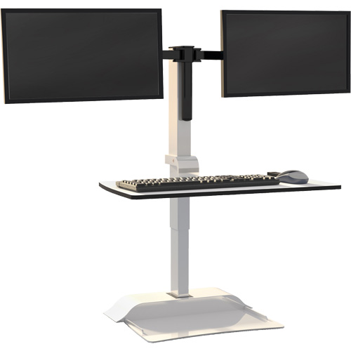 Bureau &eacute;lectrique assis/debout Soar avec bras d&eacute;cran double, Mod&egrave;le de bureau, 37-1/4" h x 27-3/4" la x 22" p, Blanc Distribution Élite MP
