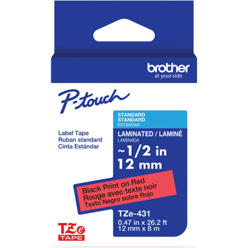 Ruban lamin&eacute; TZe-431 pour &eacute;tiqueteuses P-Touch compatibles avec les rubans TZe, 12 mm x 8 m, Noir/rouge Distribution Élite MP
