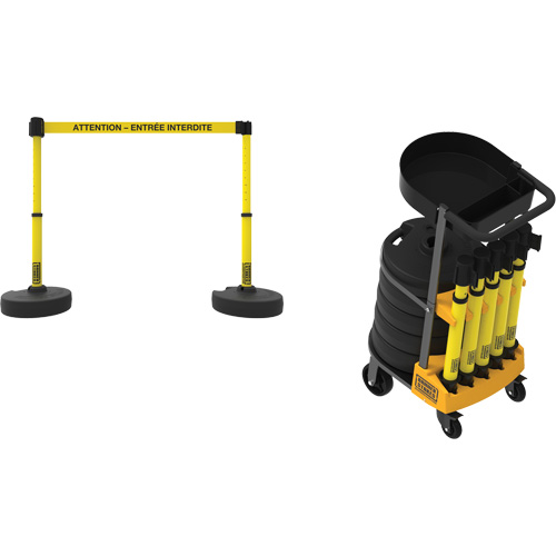 Syst&egrave;me de barri&egrave;re &agrave; chariot portatif avec plateau Plus, 75' lo, M&eacute;tal/Plastique, Jaune Distribution Élite MP