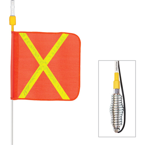 Tiges de s&eacute;curit&eacute; tout-temps de s&eacute;rie lourde avec lumi&egrave;re DEL constante Safety Whip, Fixation Ressort, Hauteur 5', Orange avec X r&eacute;fl&eacute;chissant Distribution Élite MP