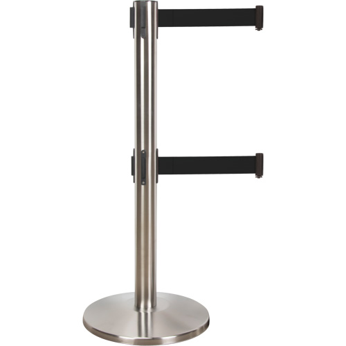 Barri&egrave;re pour le contr&ocirc;le des foules &agrave; courroie double, Acier, 35" h, Ruban Noir, Longueur du ruban 7' Distribution Élite MP