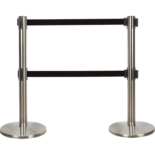 Barri&egrave;re pour le contr&ocirc;le des foules &agrave; courroie double, Acier, 35" h, Ruban Noir, Longueur du ruban 7' Distribution Élite MP
