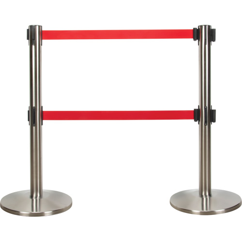 Barri&egrave;re pour le contr&ocirc;le des foules &agrave; courroie double, Acier, 35" h, Ruban Rouge, Longueur du ruban 7' Distribution Élite MP