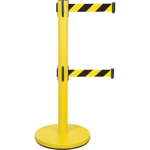 Barri&egrave;re pour le contr&ocirc;le des foules &agrave; courroie double, Acier, 35" h, Ruban Noir/Jaune, Longueur du ruban 7' Distribution Élite MP