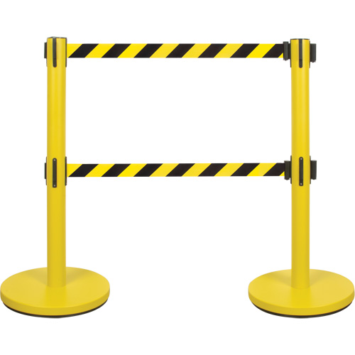 Barri&egrave;re pour le contr&ocirc;le des foules &agrave; courroie double, Acier, 35" h, Ruban Noir/Jaune, Longueur du ruban 7' Distribution Élite MP