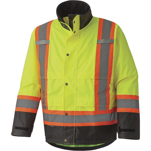5401 300D Trilobal Ripstop Waterproof Safety Jacket, Polyester, Black/High Visibility Lime-Yellow, X-Small Distribution Élite MP