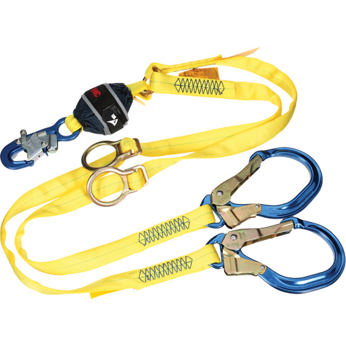 Twin-Leg Tie-Back Web Shock-Absorbing Lanyard, 6', Rebar Hook Center, Snap Hook Leg Ends, Polyester Distribution Élite MP