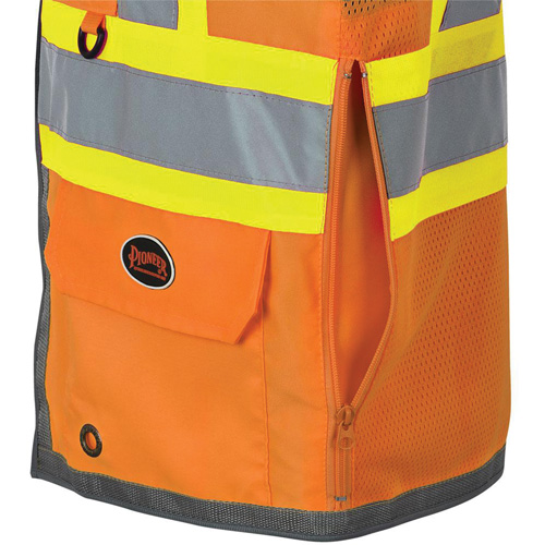 Veste de s&eacute;curit&eacute; pour arpenteur Pioneer avec fermeture &agrave; glissi&egrave;re et dos en maille, Orange haute visibilit&eacute;, Petit, Polyester Distribution Élite MP