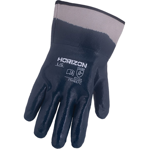 Gants bleu marine avec manchettes renforc&eacute;es &agrave; entoilage coll&eacute; Horizon, T-Grand, R&ecirc;vetement Nitrile, Enveloppe en Jersey/Coton Distribution Élite MP