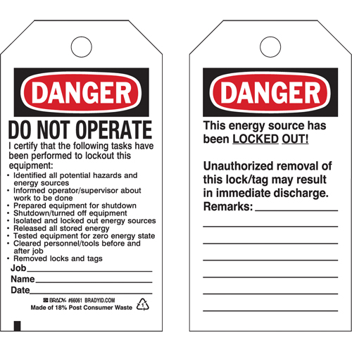 Lockout Tags, Plastic, 3" W x 5-3/4" H, English Distribution Élite MP