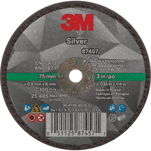 Silver Cut-Off Wheel, 3" x 0.04", 1/4"-28 Arbor, Type 1, Ceramic, 25645 RPM Distribution Élite MP