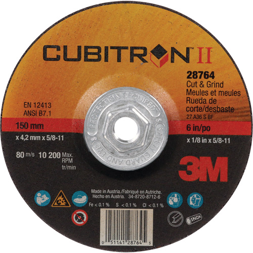 Cubitron II Quick Change Cut & Grind Wheel, 6" x 1/8", 5/8"-11 Arbor, Type 27, Ceramic Distribution Élite MP