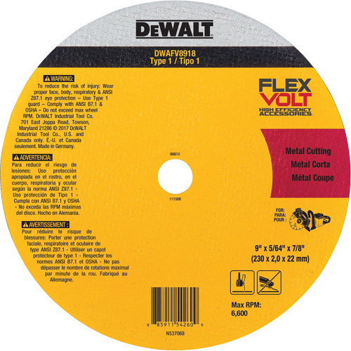 Meule de tronçonnage des m&eacute;taux FlexVolt, 9-1/16" x 0,078", Arbre 22,23 mm, C&eacute;ramique, Type 1 Distribution Élite MP
