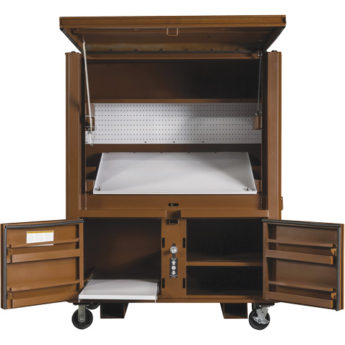 Coffre de chantier et surface de travail sur le terrain, 33" la x 63" p x 80" h, Acier, Rouge Distribution Élite MP
