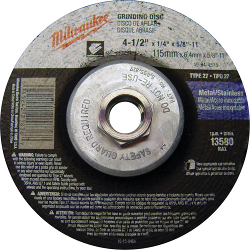 Grinding Wheel, 4-1/2" x 1/4", 5/8"-11 Arbor, Aluminum Oxide, Type 27 Distribution Élite MP