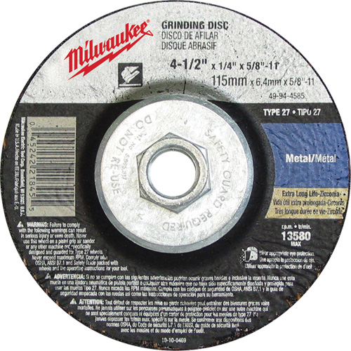 Grinding Wheel, 4-1/2" x 1/8", 5/8"-11 Arbor, Aluminum Oxide, Type 27 Distribution Élite MP