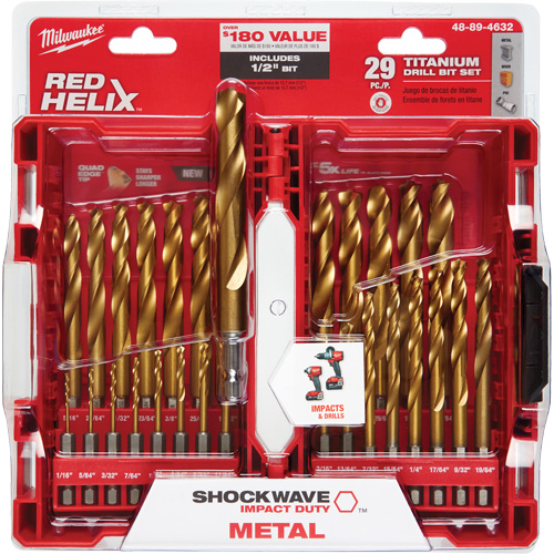 Shockwave Red Helix Drill Bit Set, 29 Pieces, Titanium Distribution Élite MP