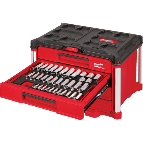 242-Piece 1/4”, 3/8” & 1/2” Drive Metric & SAE Ratchet & Socket Set with PACKOUT 4-Drawer Tool Box, 16-3/10" x 22-1/5" x 14-3/10", Black/Red Distribution Élite MP