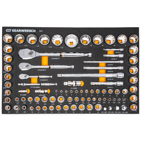 Jeu d'outils SAE/m&eacute;triques pour m&eacute;canicien &agrave; 90 dents 1/4", 3/8" & 1/2" avec plateau de rangement en mousse Distribution Élite MP