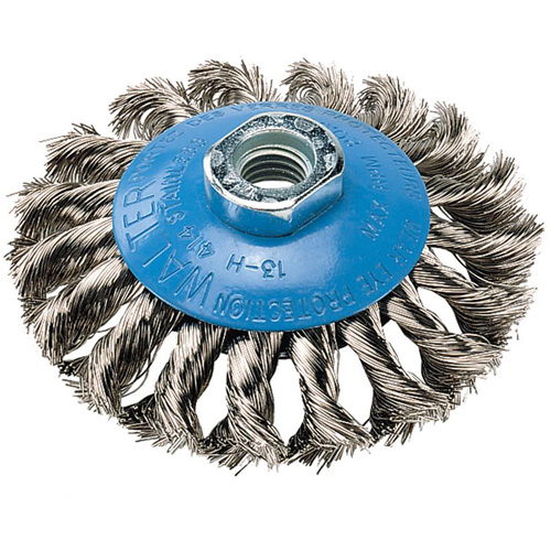 Knot-Twisted Saucer Cup Wire Wheel, 7" Dia., 0.02" Fill, 5/8"-11 Arbor, Aluminum/Stainless Steel Distribution Élite MP