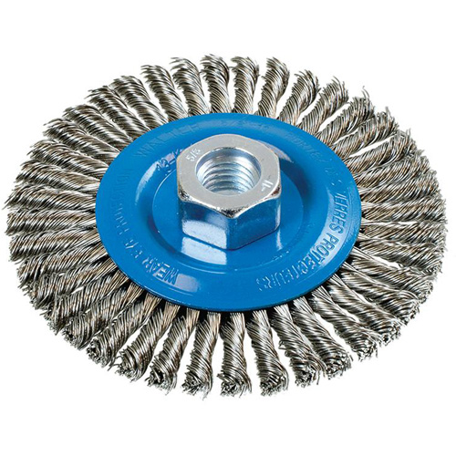 Stringer Bead Knotted Wire Brush, 4-1/2" Dia., 0.02" Fill, 5/8"-11 Arbor, Aluminum/Stainless Steel Distribution Élite MP