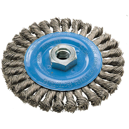 Wide Knotted Wire Wheel Brush, 5" Dia., 0.02" Fill, 5/8"-11 Arbor, Aluminum/Stainless Steel Distribution Élite MP