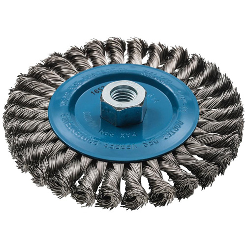 Wide Knotted Wire Wheel Brush, 6" Dia., 0.02" Fill, 5/8"-11 Arbor, Aluminum/Stainless Steel Distribution Élite MP