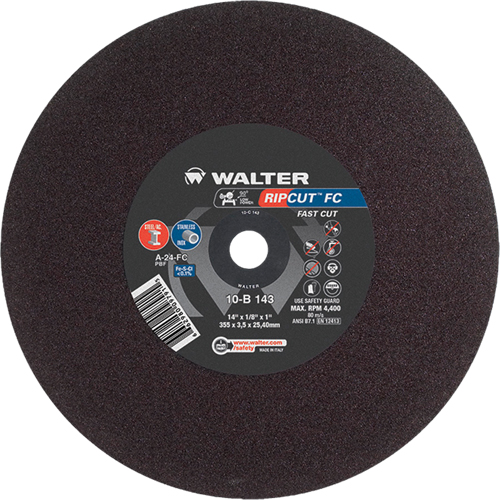 Meule &agrave; tronçonner Ripcut II pour la coupe de l'acier inoxydable et l'acier sur scies fixes, 14" x 1/8", Arbre de 1", Type 1, Oxyde d'aluminium, 4400 Tr/min Distribution Élite MP