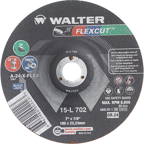 Flexcut Depressed Centre Grinding Wheels, 7", 24 Grit, Aluminum Oxide, 7/8", 8600 RPM, Type 29 Distribution Élite MP