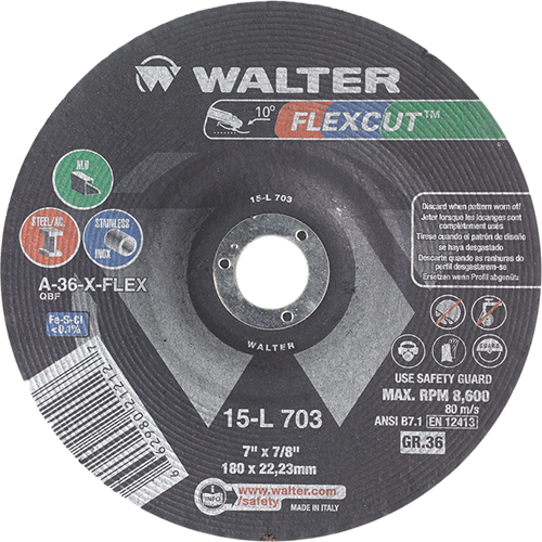 Meules &agrave; moyeu d&eacute;port&eacute; Flexcut, 7", 36 Grain, Oxyde d'aluminium, 7/8", 8600 Tr/min, Type 29 Distribution Élite MP
