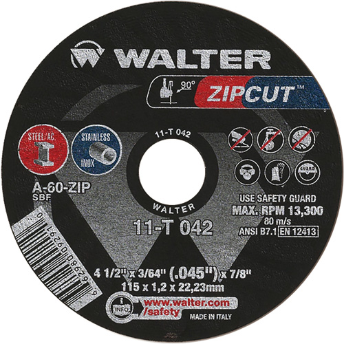 Zipcut Cut-Off Wheel, 4-1/2" x 3/64", 7/8" Arbor, Type 1, Aluminum Oxide, 13300 RPM Distribution Élite MP