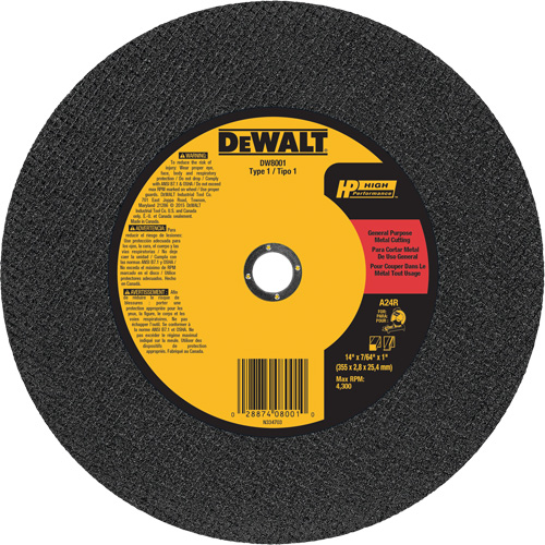 General Purpose Metal Cutting Chop Saw Wheel, 14" x 7/64", 1" Arbor, Type 1, Aluminum Oxide, 4300 RPM Distribution Élite MP