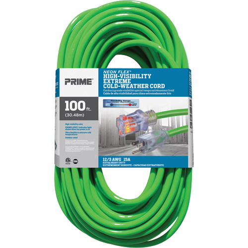 Neon Flex&reg; High Visibility Extension Cord, Outdoor, SJTW, 12/3 AWG, 15 A, 100' Distribution Élite MP