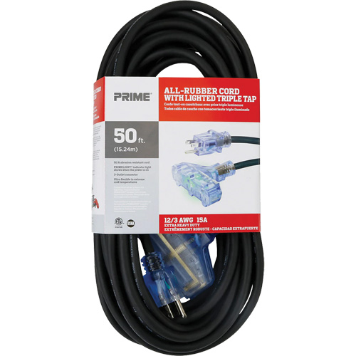 All-Rubber Extension Cord, Outdoor, SJOOW, 12/3 AWG, 15 A, 3 Outlet(s), 50' Distribution Élite MP