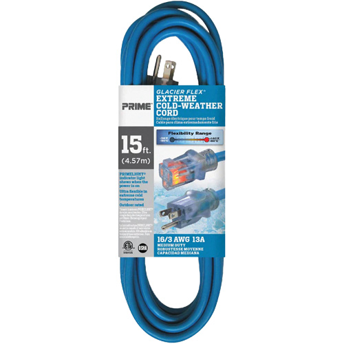 Glacier Flex&reg; Extreme Cold Weather Extension Cord, Outdoor, SJTW, 16/3 AWG, 13 A, 15' Distribution Élite MP